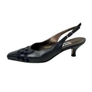 Galo Vintage Black Leather Woven Pointed Toe Kitten Heels Slingback Pumps Sz 6.5